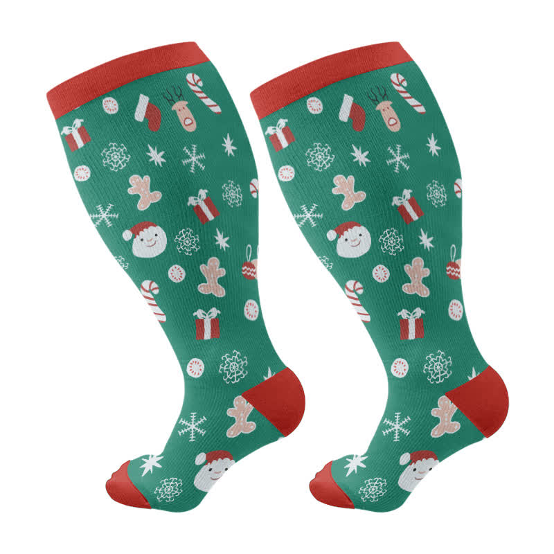 Plus Size Christmas Tree Bell Snowflake Print Compression Socks(3 Pairs) - Green(1 Pair) - 4XL - image 7