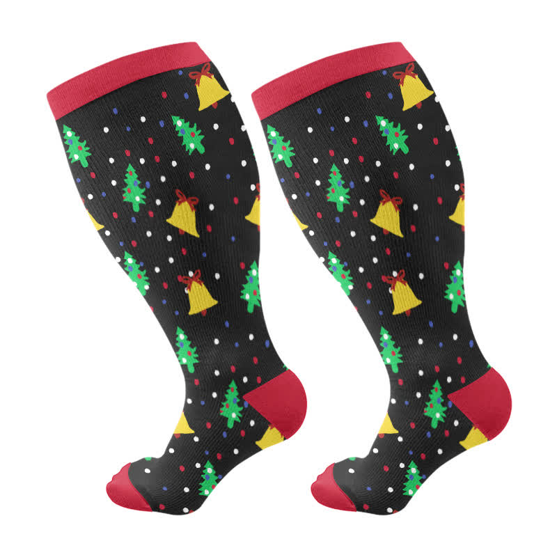 Plus Size Christmas Tree Bell Snowflake Print Compression Socks(3 Pairs) - Black&Red(1 Pair) - 4XL - image 5