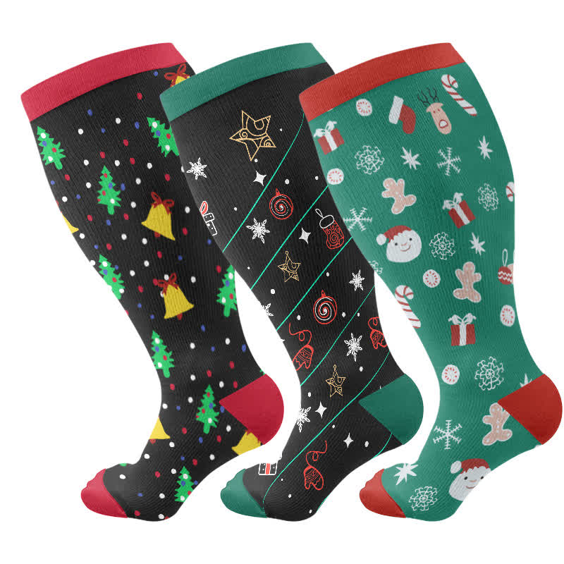 Plus Size Christmas Tree Bell Snowflake Print Compression Socks(3 Pairs) - Multicolor - 4XL - image 4