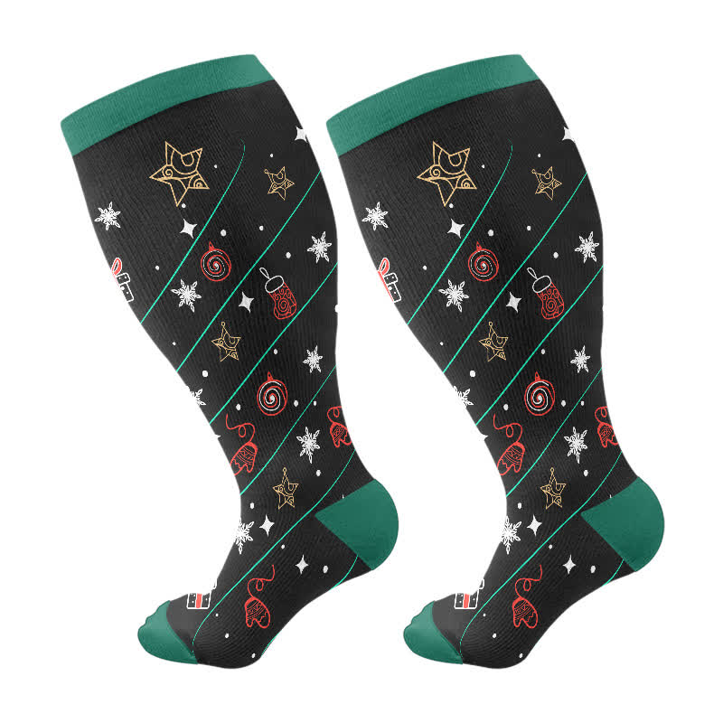 Plus Size Christmas Tree Bell Snowflake Print Compression Socks(3 Pairs) - Black&Green(1 Pair) - 4XL - image 6