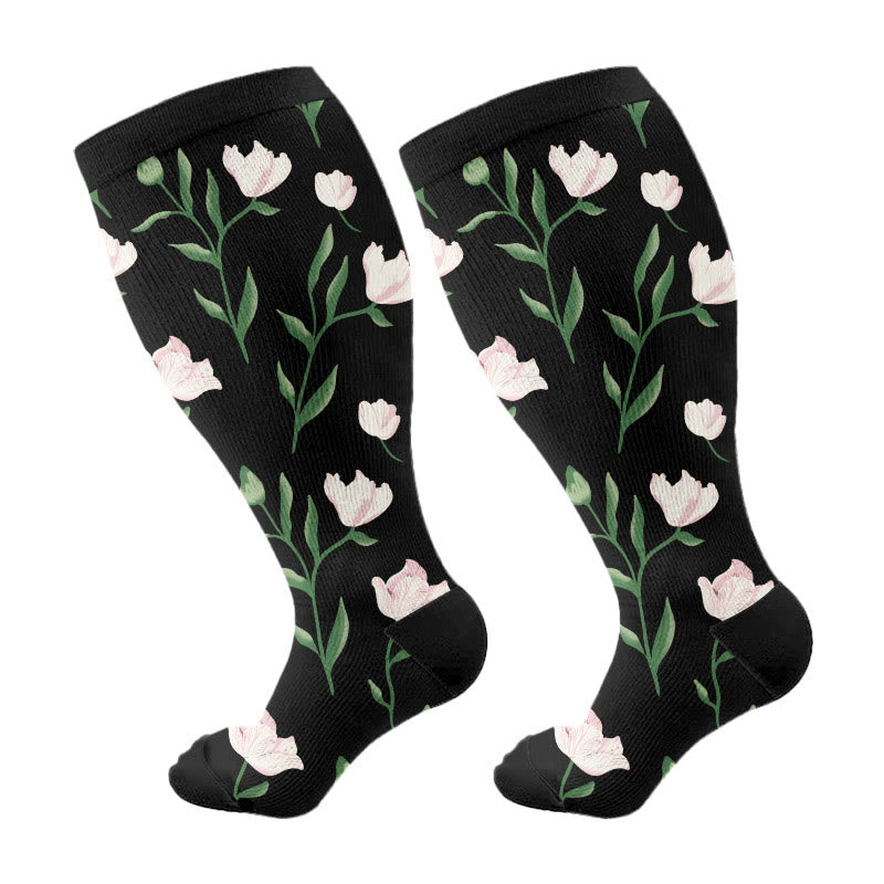 Plus Size Serenity Floral Compression Socks(3 Pairs) - Black(1 Pair) - 4XL - image 7