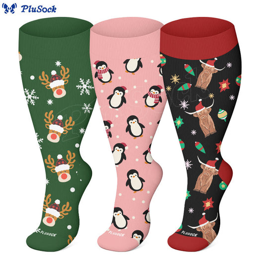 Plusock Plus Size Penguin Deer Cow Compression Socks(3 Pairs) - image 0