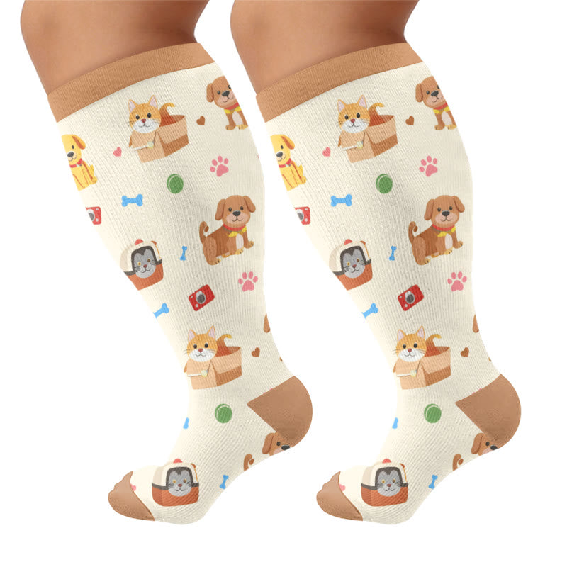 Plus Size Cute Pets Cartoon Compression Socks - Coffee(1 Pair) - 4XL - image 7