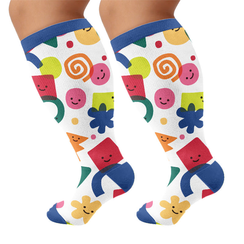 Plus Size Playful Smile Heart Compression Socks - Blue(1 Pair) - 4XL - image 7