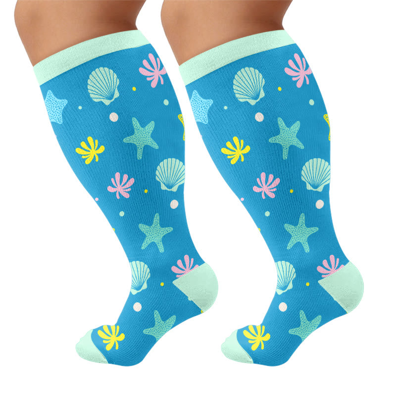 Plus Size Whale Crab Starfish Compression Socks - Blue(1 Pair) - 4XL - image 7