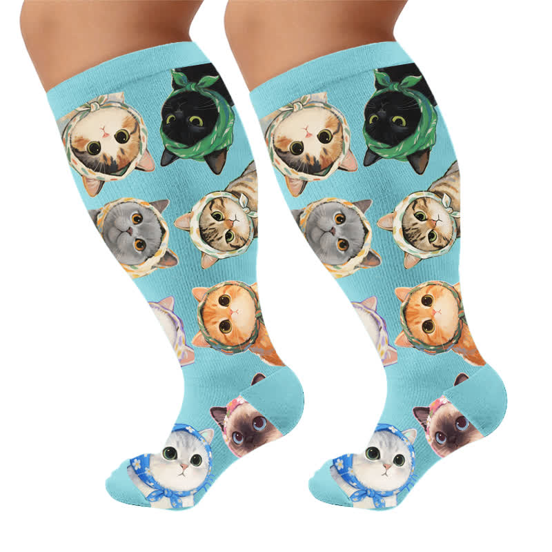 Plus Size Cute Cat Avatars Compression Socks - Blue(1 Pair) - 4XL - image 7