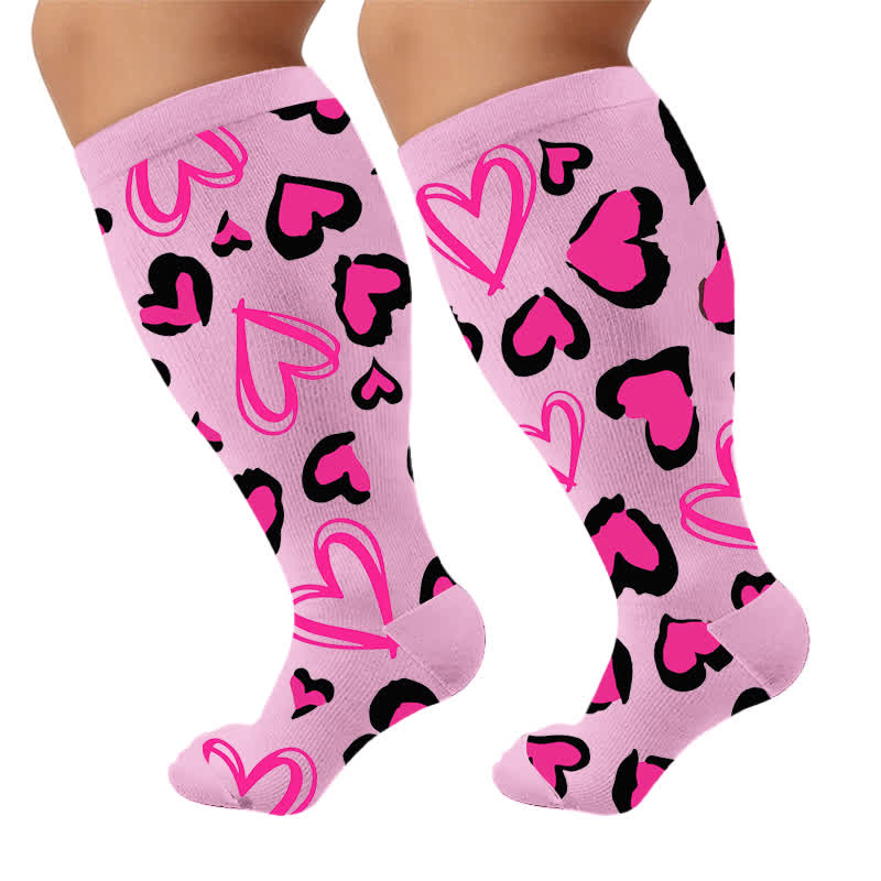 Plus Size Pink Heart Leopard Compression Socks - Purple(1 Pair) - 4XL - image 7