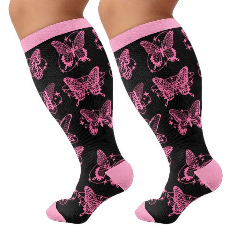 Plus Size Colorful Butterfly Print Compression Socks - Black(1 Pair) - 4XL - image 7