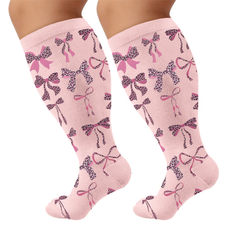 Plus Size Retro Leopard Bow Compression Socks - Pink(1 Pair) - 4XL - image 7