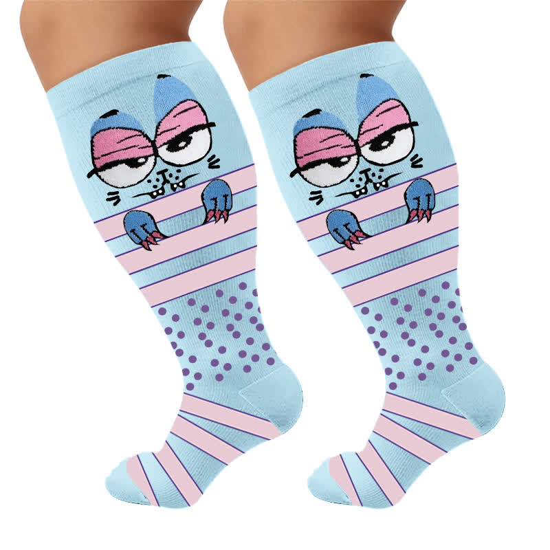 Plus Size Cartoon Animal Stripes Compression Socks - Blue(1 Pair) - 4XL - image 7