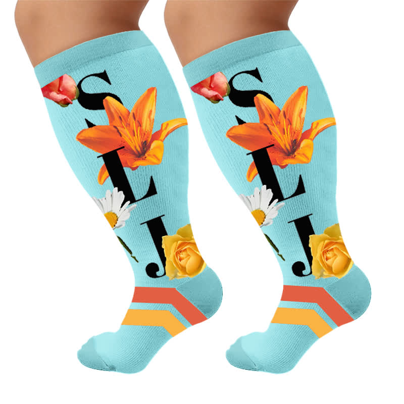 Plus Size Floral Letter Compression Socks - Blue(1 Pair) - 4XL - image 7