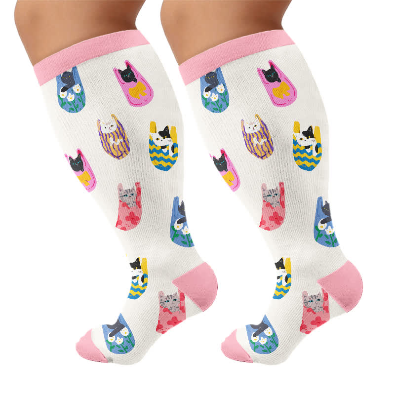 Plus Size Cartoon Cat Knee High Compression Socks - Pink(1 Pair) - 4XL - image 10