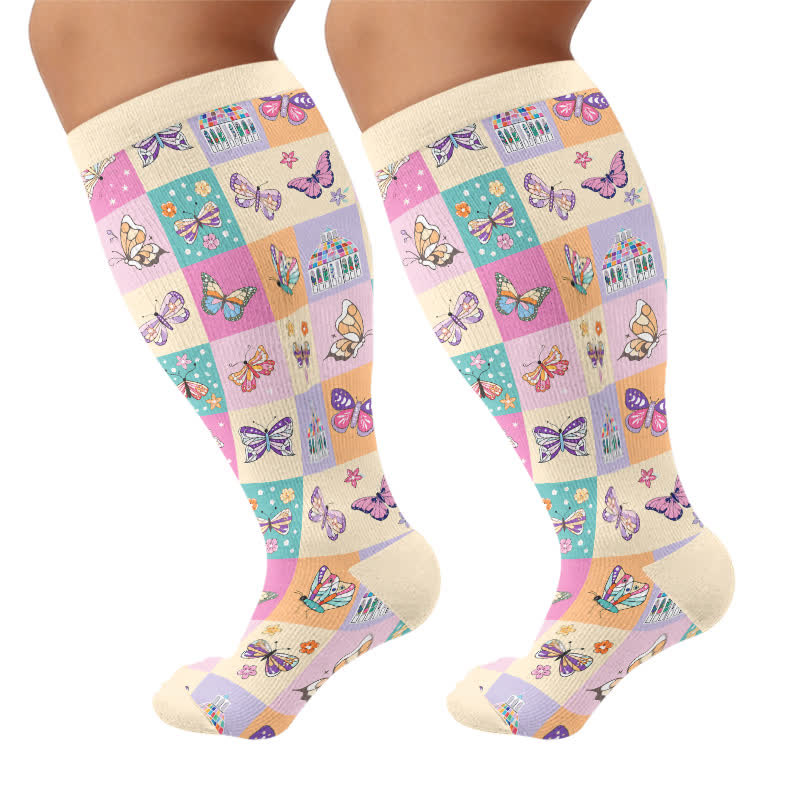 Plus Size Pastel Butterfly Compression Socks - Beige(1 Pair) - 4XL - image 10