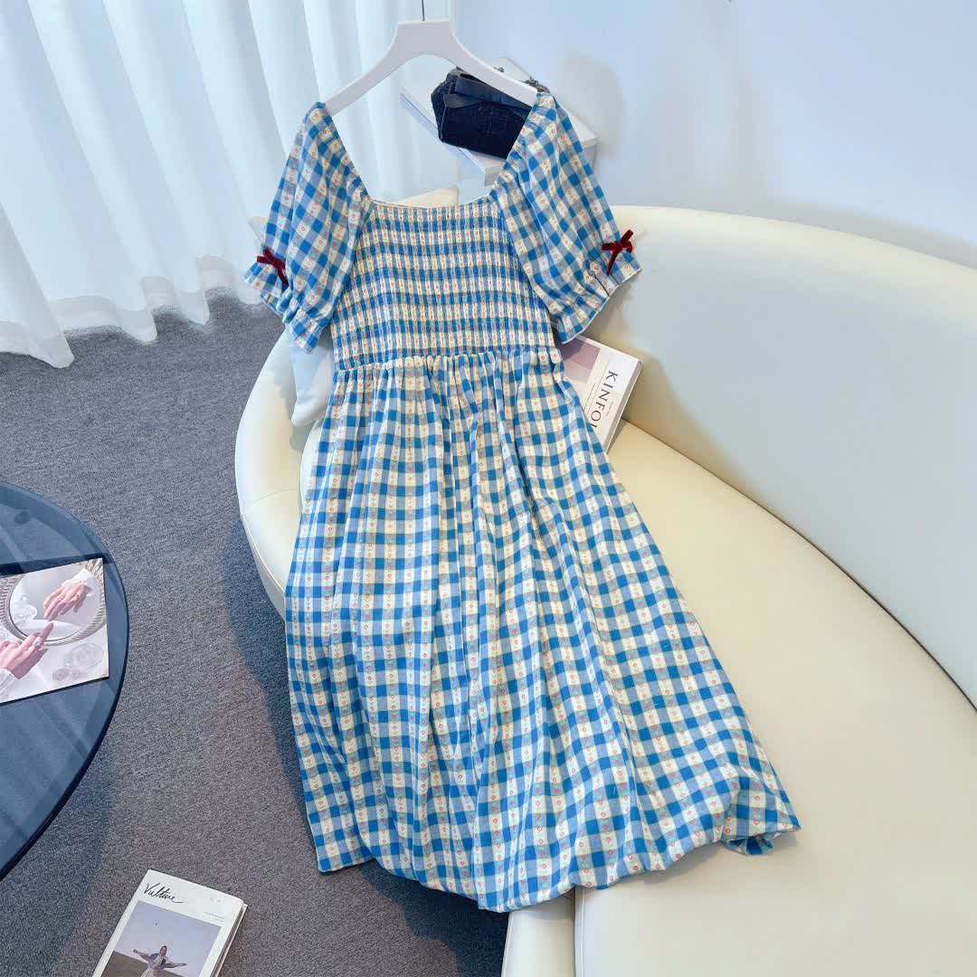 Plus Size Blue Gingham Square Neck Puff Sleeve Midi Dress - image 6