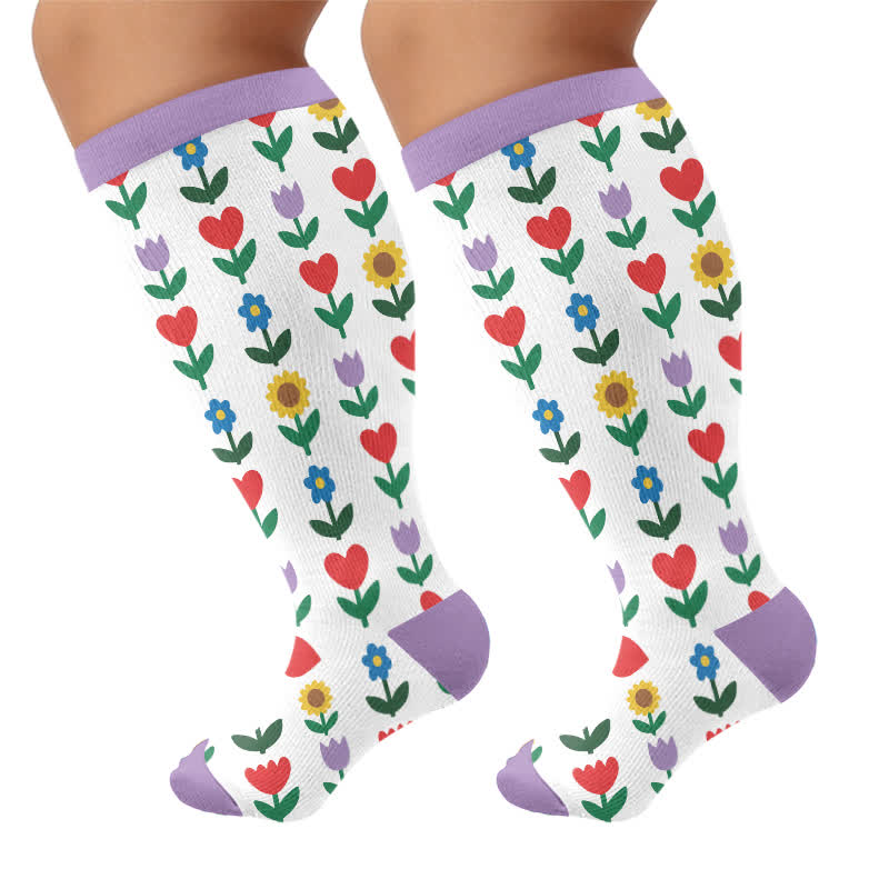 Plus Size Pastel Daisy Compression Socks - Purple - 4XL - image 10