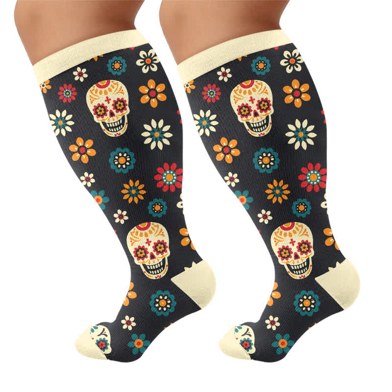 Plus Size Midnight Skull Floral Compression Socks - Dark Green - 4XL - image 10