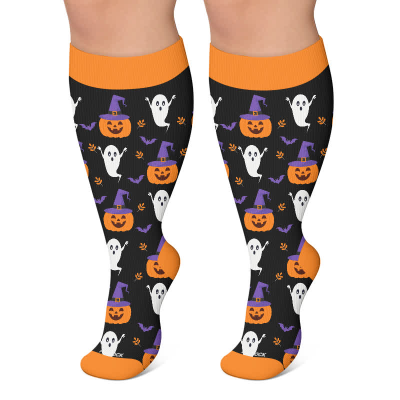 Plus Size Spellbound Ghost Pumpkin Compression Socks - Orange - 4XL - image 6