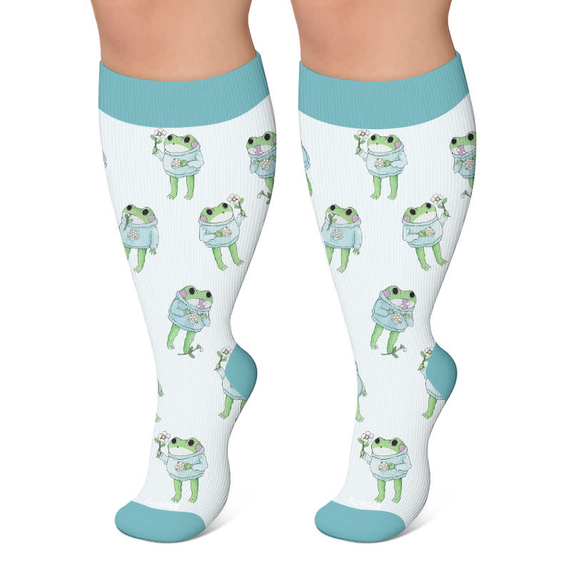 Plus Size Cartoon Frog Print Compression Socks - Blue - 4XL - image 6