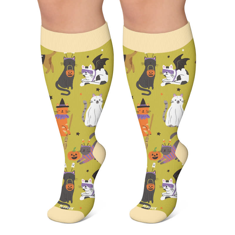 Plus Size Spooky Cats Compression Socks - Green - 4XL - image 6
