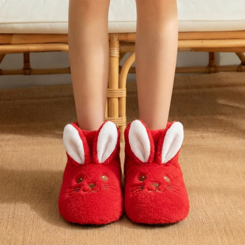 Pink Bunny Ears Plush Fleece Slipper Socks - Red - Kids EU32–35(US1–3.5) - image 5