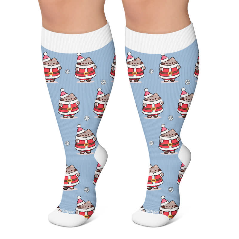 Plus Size Christmas Cute Cat Compression Socks - Blue - 4XL - image 5