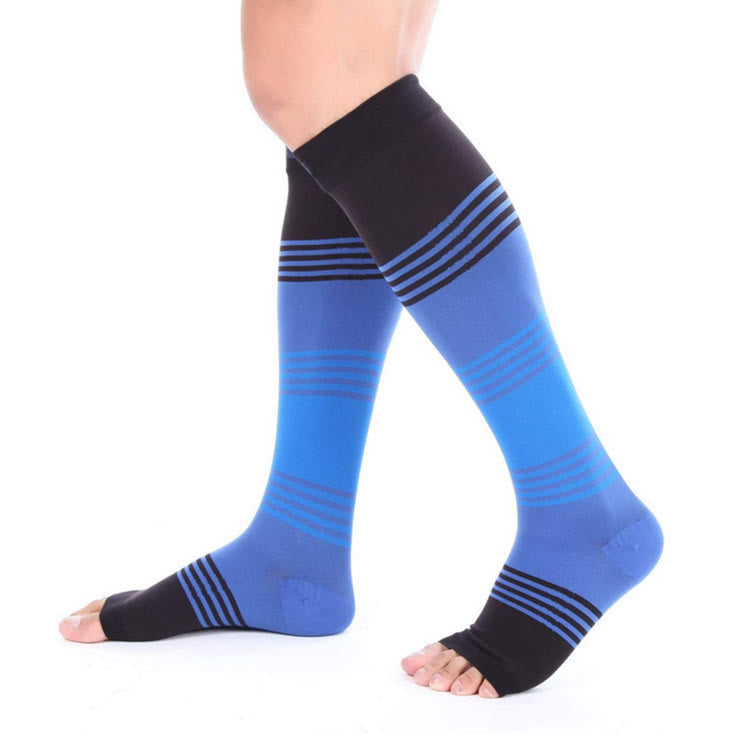 Mixed Color Striped Open Toe Compression Socks - Blue - L/XL - image 1
