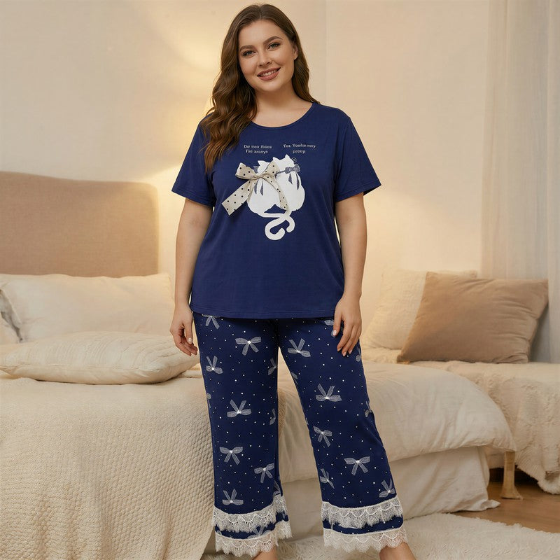 Soft Bow Cat Print Pajama Set - Blue - 4XL - image 7