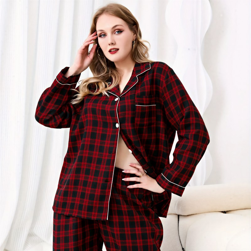 Red Plaid Contrast Trim Pajama Set - image 3