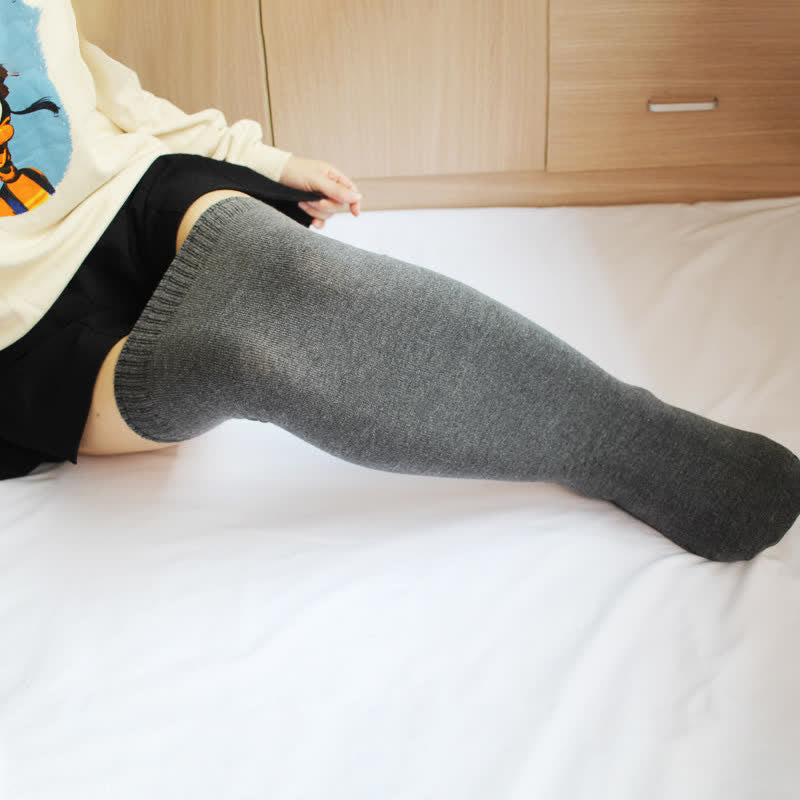 Cotton Thick Thigh High Socks - Grey - Normal - image 2