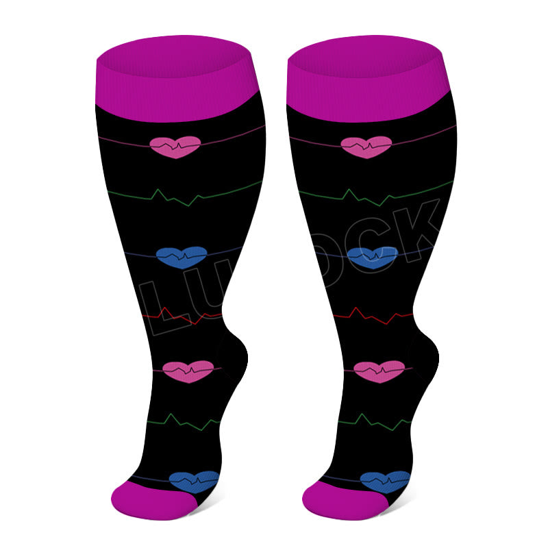 Black Electrocardiogram Heart Plus Size Compression Socks 2XL-7XL(3 Pairs) - Purple - 7XL - image 2