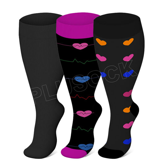 Black Electrocardiogram Heart Plus Size Compression Socks 2XL-7XL(3 Pairs) - Multicolor - 7XL - image 0