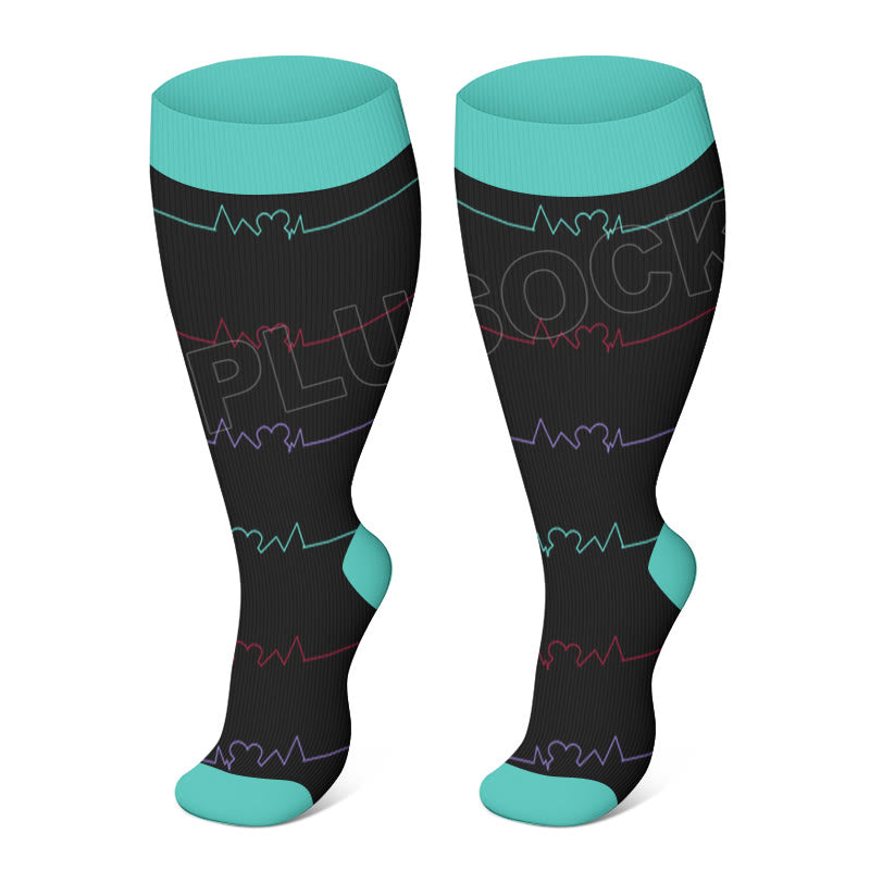 Blue Electrocardiogram Black Heart Plus Size Compression Socks(3 Pairs) - Blue - 4XL - image 2