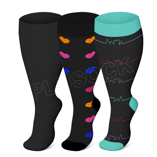 Blue Electrocardiogram Black Heart Plus Size Compression Socks(3 Pairs) - Multicolor - 4XL - image 0