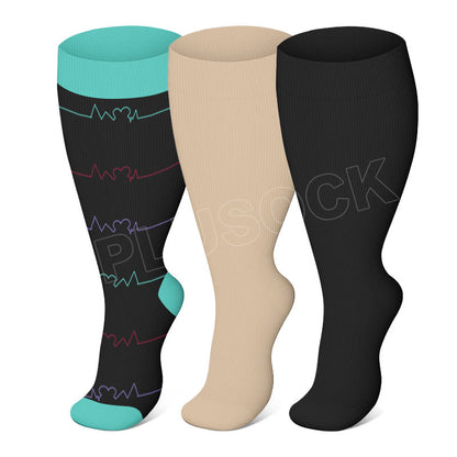 Blue Electrocardiogram Solid Plus Size Compression Socks(3 Pairs) - Blue&Black&Skin - 4XL - image 0
