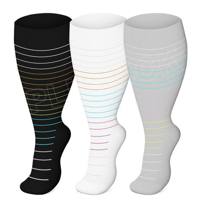 Plus Size Colorful Pinstripes Compression Socks(3 Pairs) - Black+White+Light Gray - 4XL - image 10