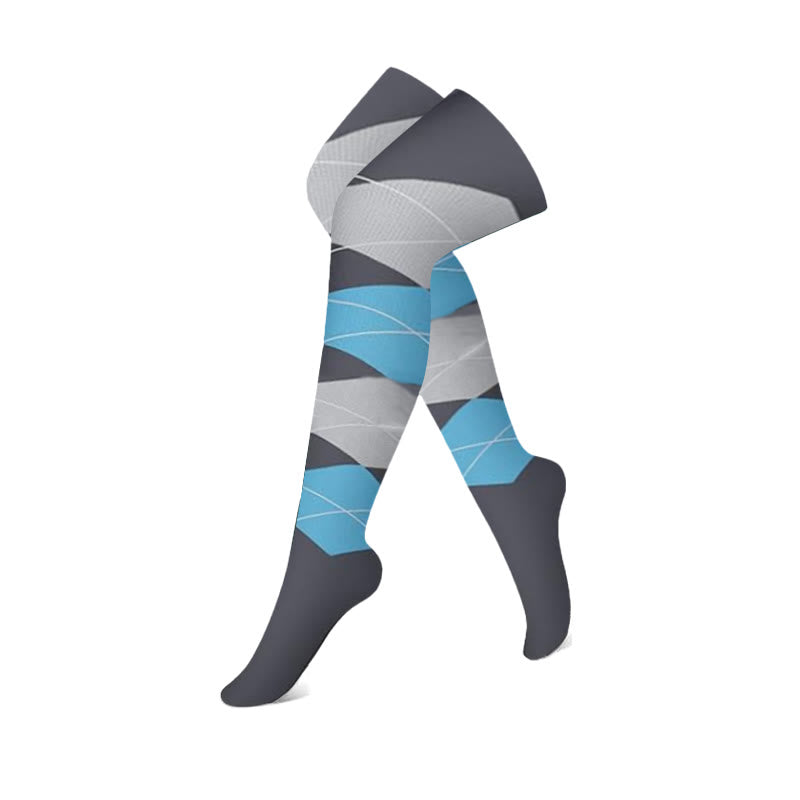 Gray Blue Colorblock Thigh High Compression Socks(3 Pairs) - Rhombus - S/M - image 1