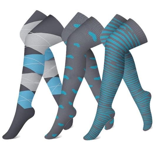 Gray Blue Colorblock Thigh High Compression Socks(3 Pairs)