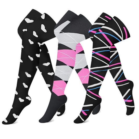 Black Pink Colorblock Thigh High Compression Socks(3 Pairs)