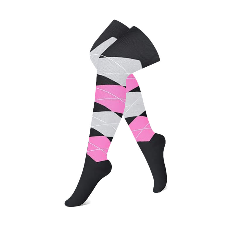 Black Pink Colorblock Thigh High Compression Socks(3 Pairs) - Rhombus - S/M - image 4