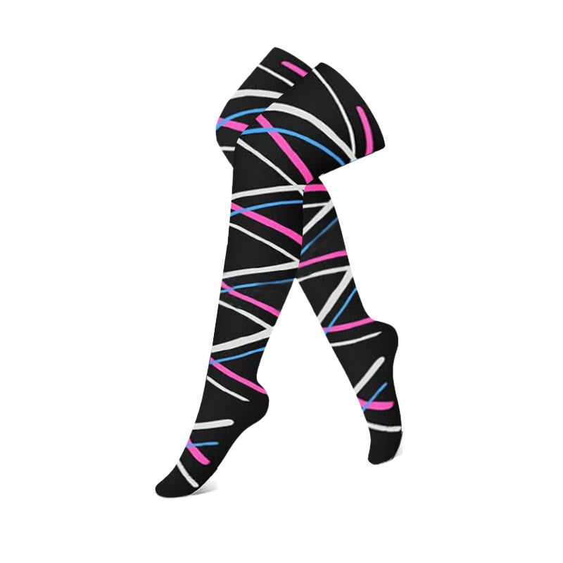 Black Pink Colorblock Thigh High Compression Socks(3 Pairs)