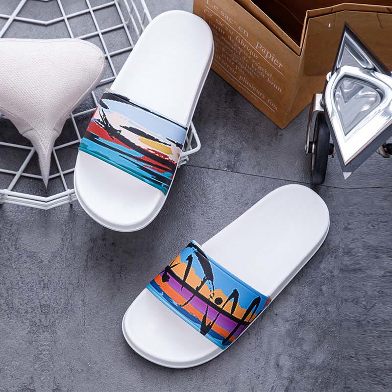 Plus Size Seaside Oil Painting Slides(2 Pairs) - White - 3XL - image 4