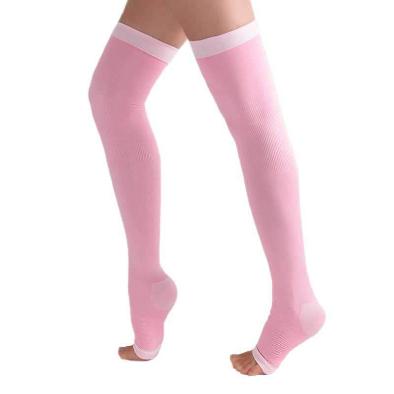 Plus Size Open Toe Thigh High Compression Socks(2 Pairs) - Pink - Fits 132lbs - image 6