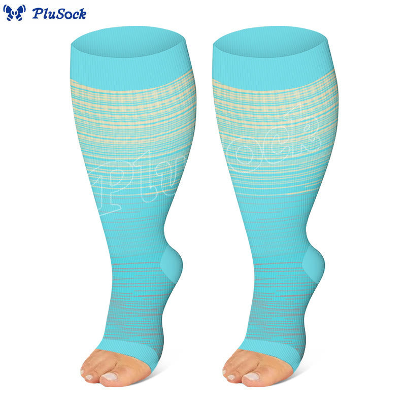 Plus Size Color Stripes Open Toe Compression Socks - Blue - 4XL - image 3