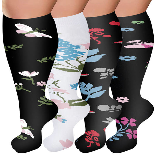 Plus Size Flower Butterfly Compression Socks(4 Pairs) - Multicolor - 4XL - image 0