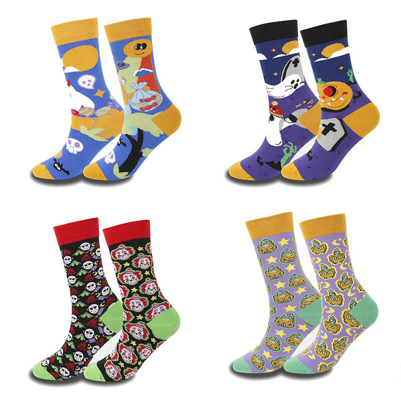 Witch Skull Pumpkin Crew Socks(4 Pairs) - Multicolor - EU36-44(US3-10) - image 0
