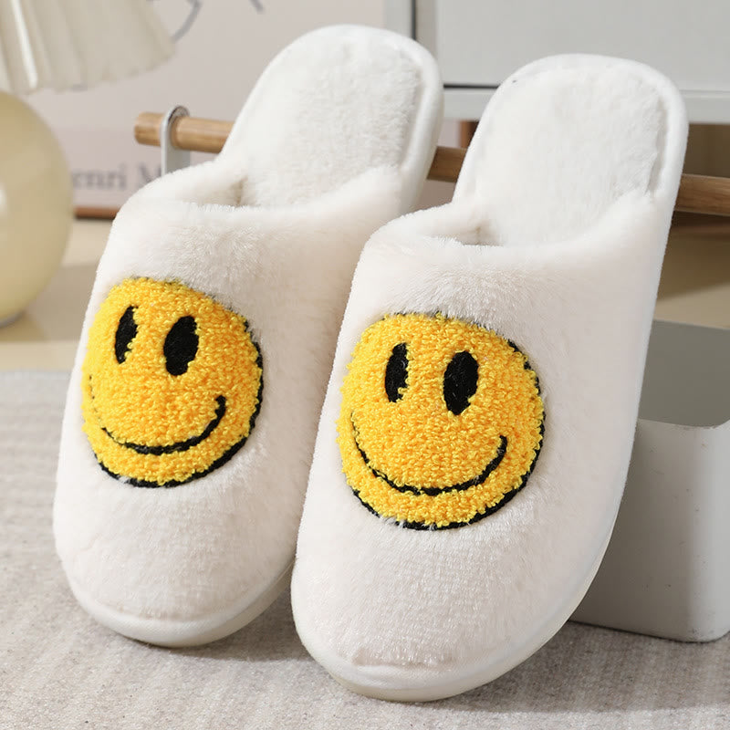 Plus Size Plush Smiley Face Slippers - White - US 11-12 - image 1