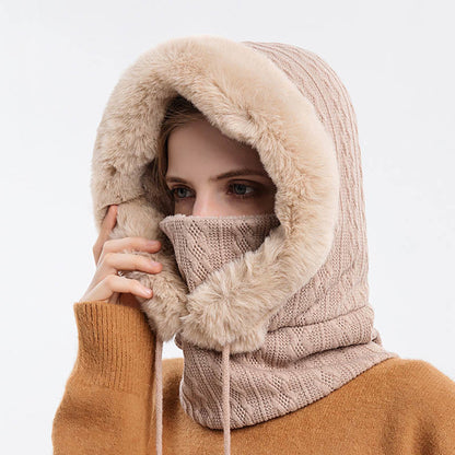 Solid Color Cold Protection Hooded Scarf - Beige - One Size - image 11