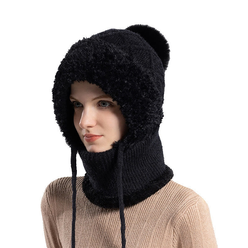 Drawstring Knit Hooded Scarf - Black - One Size - image 2