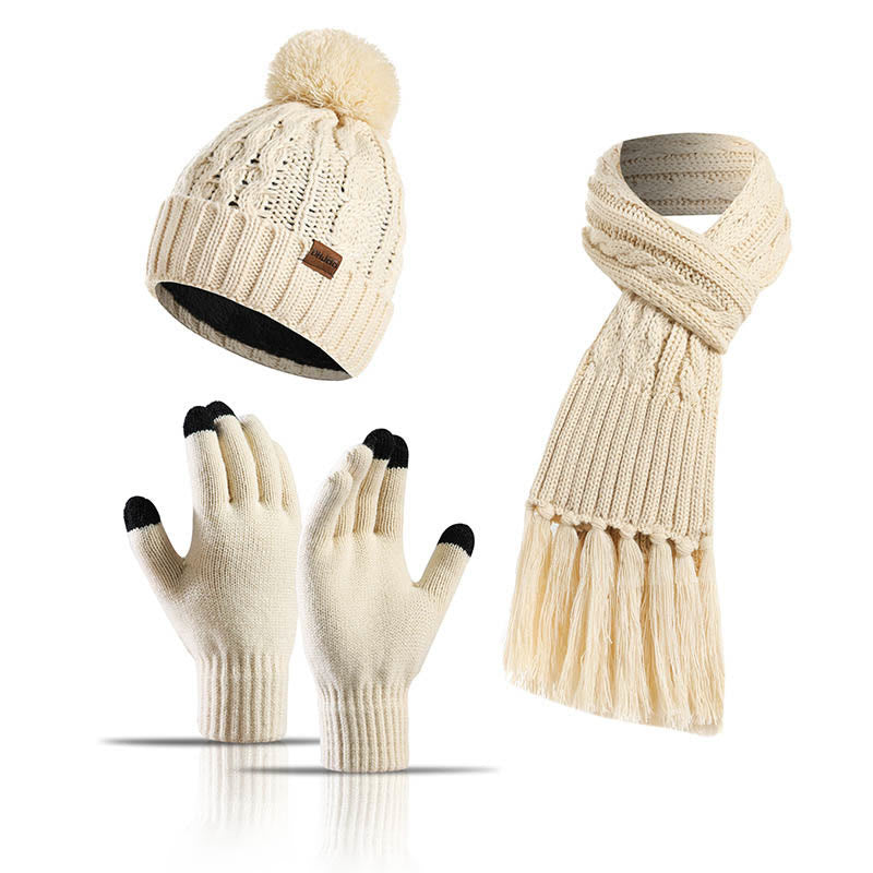 Classic Matching Gloves Beanie Scarf 3 In 1 Set - Beige - One Size - image 13
