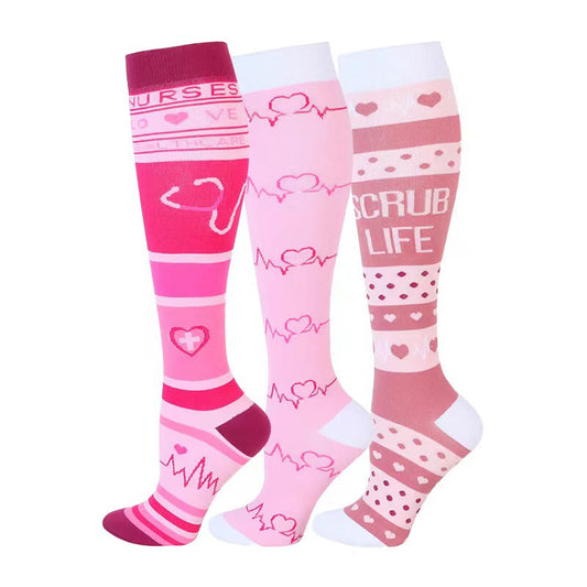 Pink ECG Heart Compression Socks(3 Pairs) - Multicolor - S/M - image 0